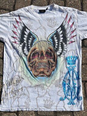 Vintage Christian Audigier "Gold Winged Skull" Rhinestone Tee With Blue Foil Tee